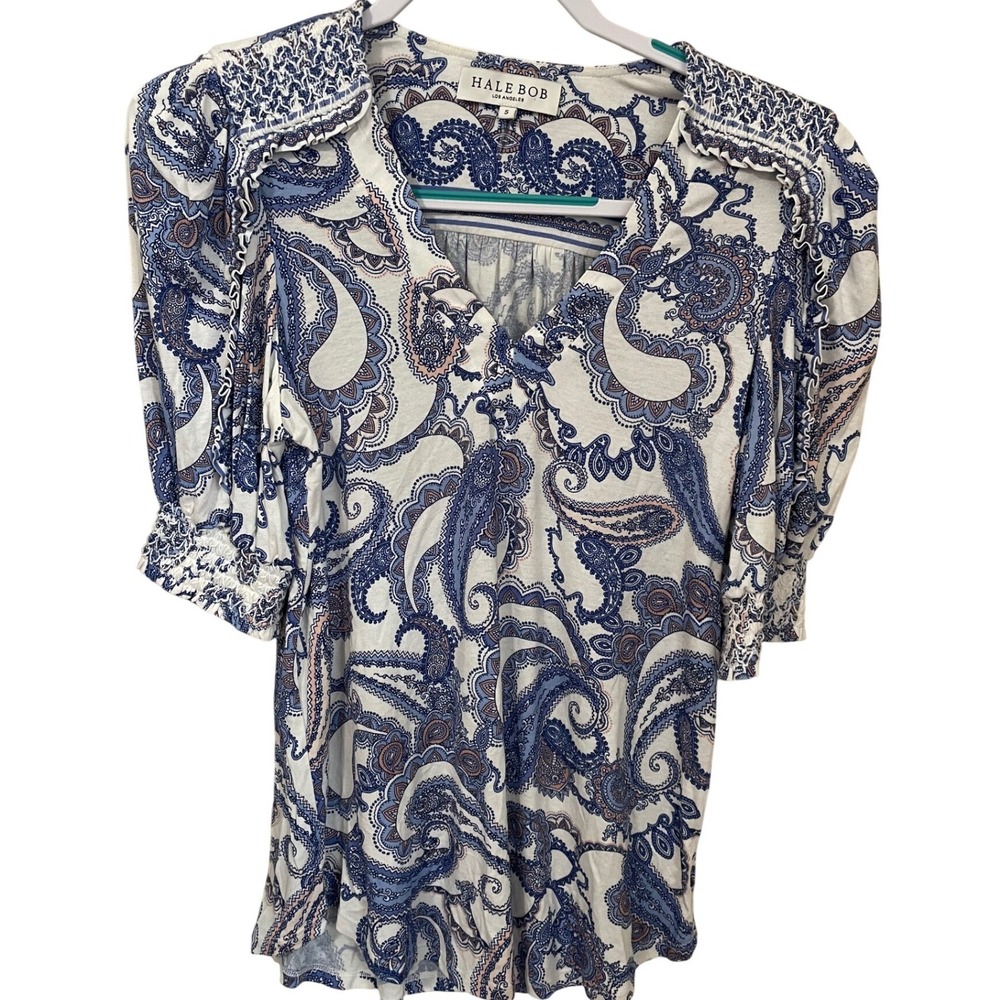 Hale Bob Size S Viscose Knit Blue White Paisley Ruffle V-Neck Smocked Top
